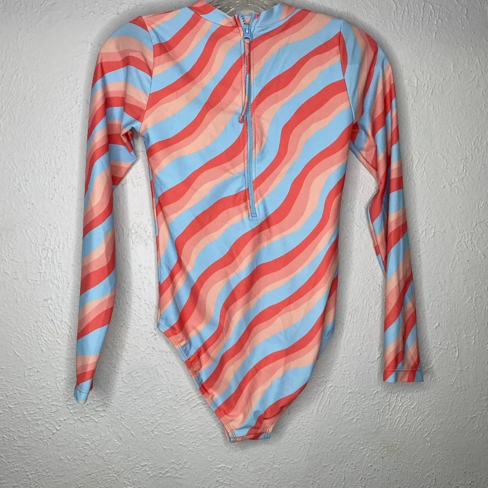 Feather 4 Arrow, girl's size 14, long sleeved one piece surf suit in blue/coral. - Picture 5 of 8